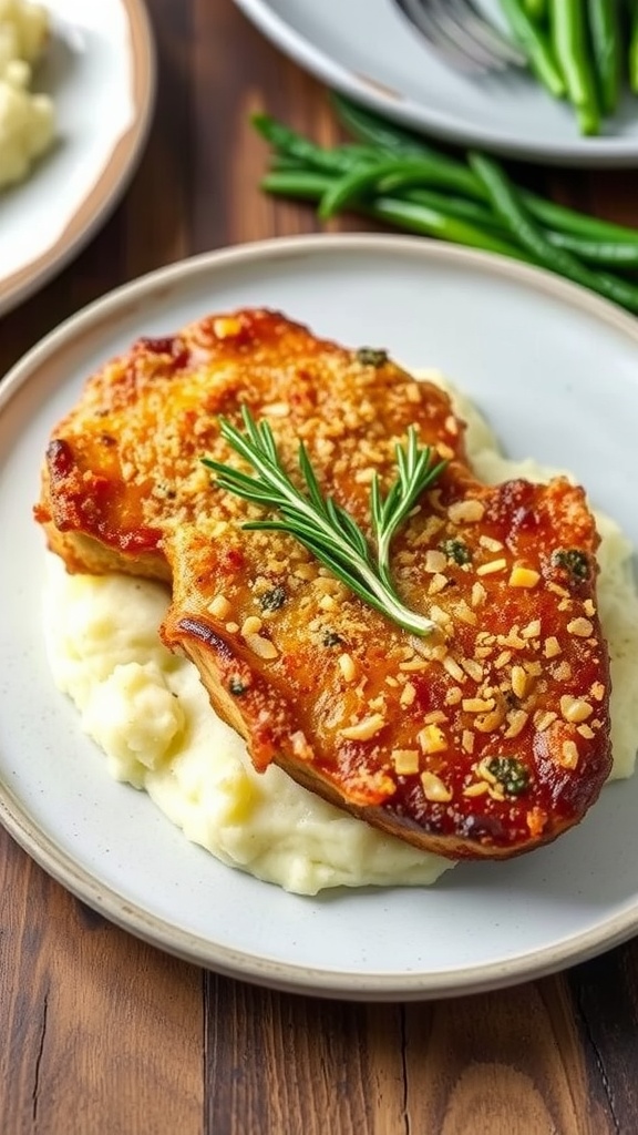 Crispy Parmesan Baked Pork Chops Crispy Parmesan baked pork chop on a plate with mashed potatoes and green beans, garnished with rosemary.